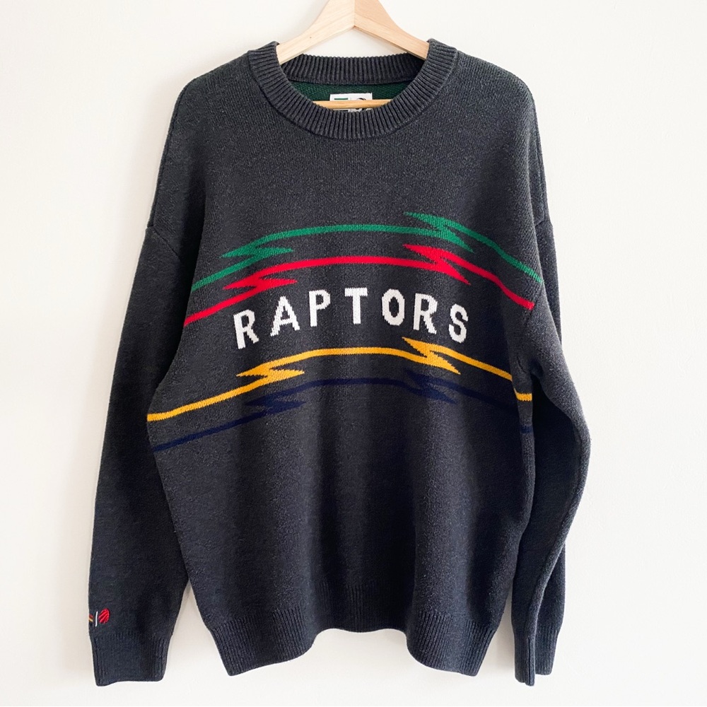 NBA Raptors and Hudsons Bay Crewneck Sweater - Dark Gray with Colorful Stripes